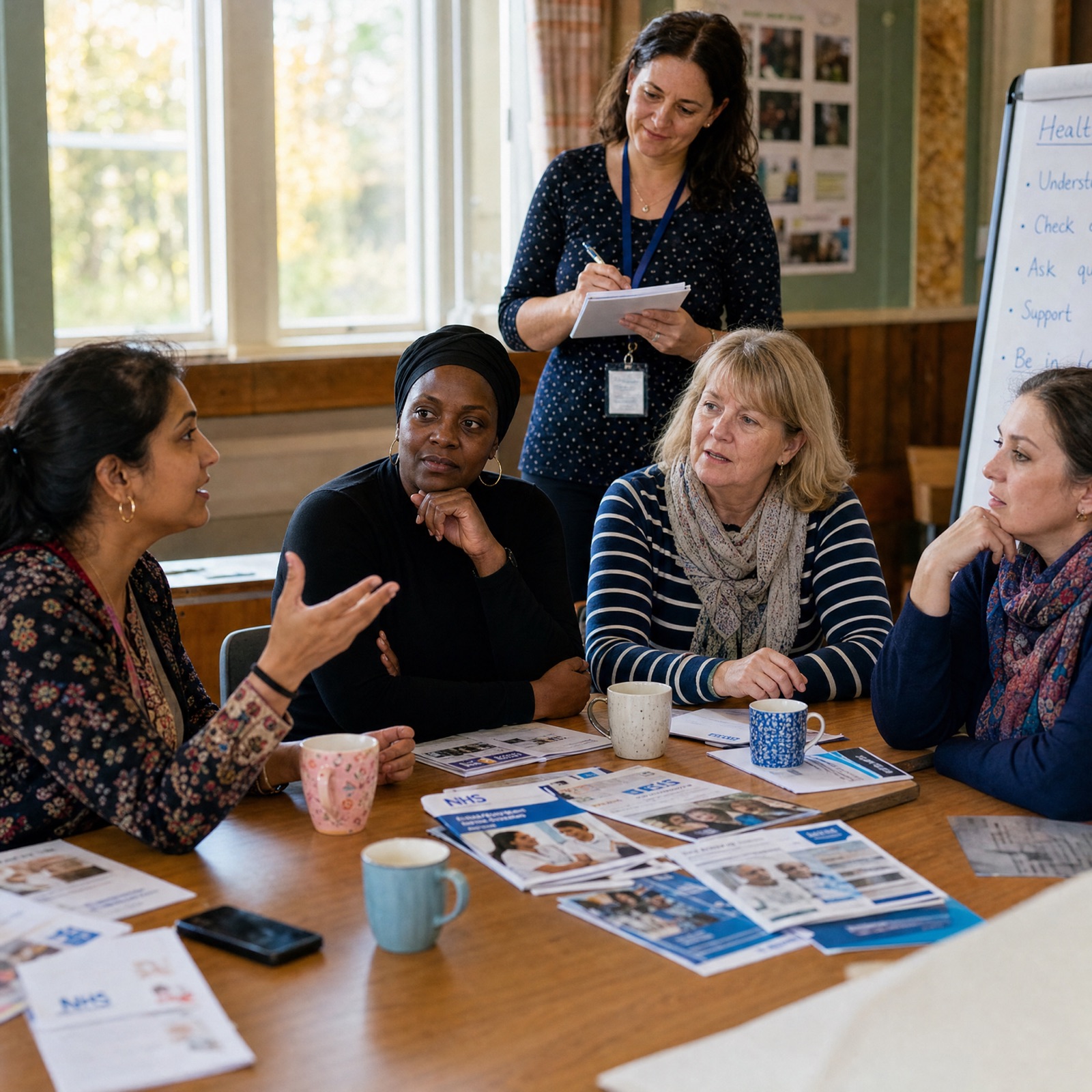 A health navigator helps a newly arrived family at a community centre in Greenock